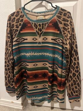 Waffle Knit Long Sleeve Tee in Teal & Tan